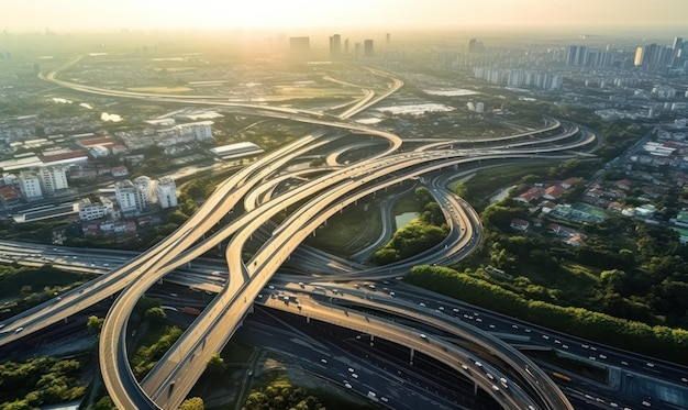 Vista aérea da conexão da cidade da auto-estrada de Bangkok, intersectando as linhas de vida urbanas