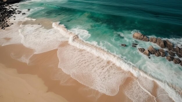 Vista aérea da costa arenosa com ondas e águas claras do mar geradas por IA