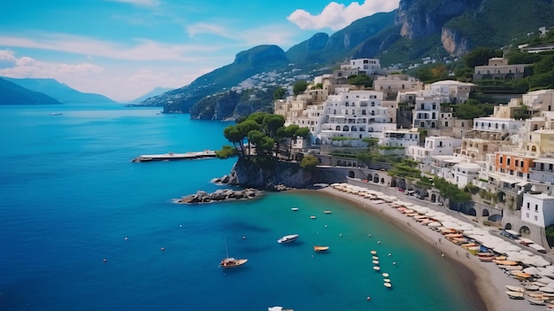 Vista aérea da costa de Amalfi à beira-mar italiana perto de Nápoles