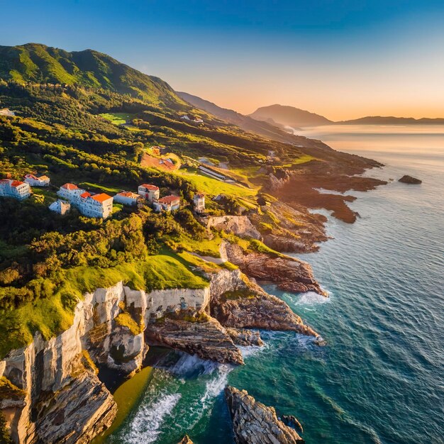 Vista aérea da costa rochosa do mar A costa perto da cidade de Buelna Astúrias Espanha