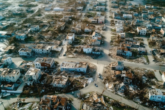 Vista aérea da devastação do furacão da cidade atingida por um furacão