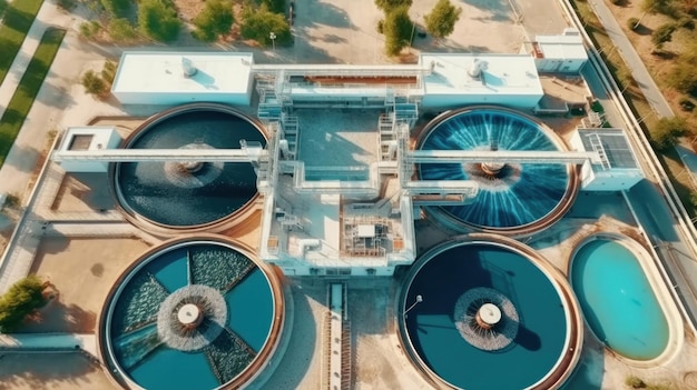 Foto vista aérea da estação de tratamento de água para purificação de água ou conservação do meio ambiente vista superior