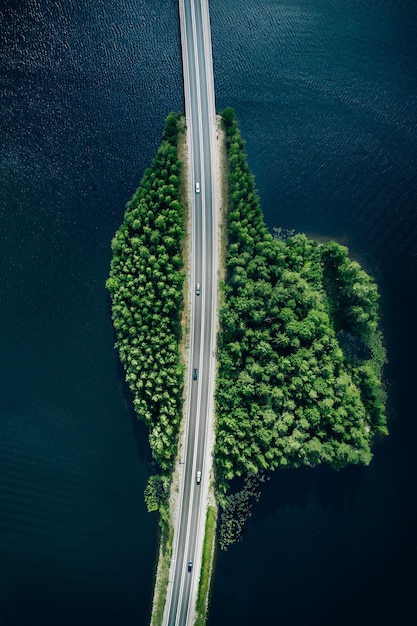 Vista aérea da estrada através de lagos azuis ou mar com bosques verdes na finlândia