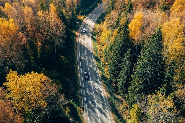 Vista aérea da estrada de outono e carro através da floresta de outono com folhas amarelas e vermelhas