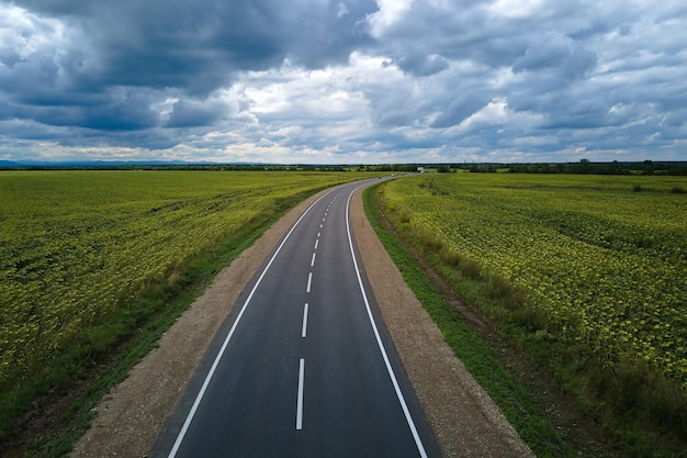 Vista aérea da estrada intermunicipal vazia entre campos agrícolas verdes Vista superior do drone da rodovia