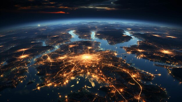 Vista aérea da Europa do espaço à noite Tecnologia de comunicação com rede global de Internet ligada na Europa