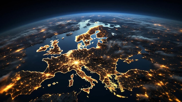 Vista aérea da europa do espaço à noite tecnologia de comunicação com rede global de internet ligada na europa