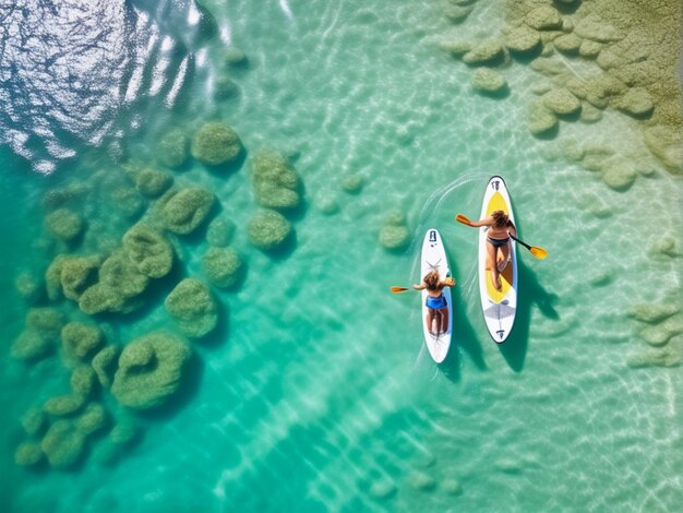 Foto vista aérea da família supboarding mãe e criança pequena remando em pranchas de remo para baixo azul transparente