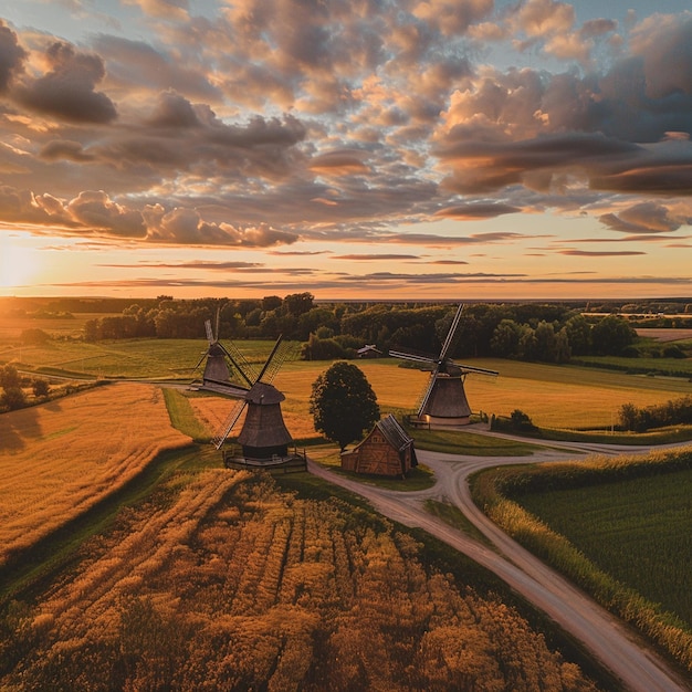 Vista aérea da fazenda de moinhos de vento ao pôr-do-sol na paisagem de verão da Lituânia