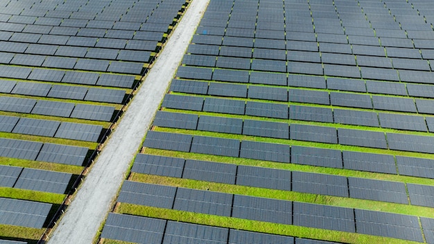 Vista aérea da fazenda solar Energia solar para energia verde Recursos sustentáveis Uso de painéis de células solares
