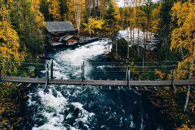 Vista aérea da floresta de outono e rio azul com ponte na Finlândia Linda paisagem de outono