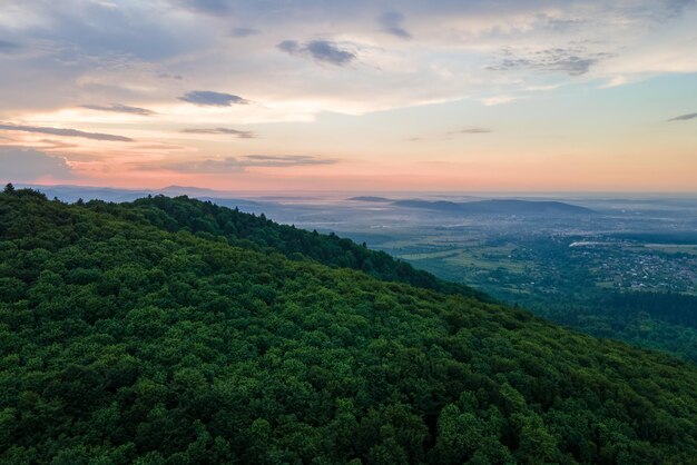 Vista aérea da floresta de pinheiros verdes com abetos escuros cobrindo colinas montanhosas paisagens florestais do norte de cima