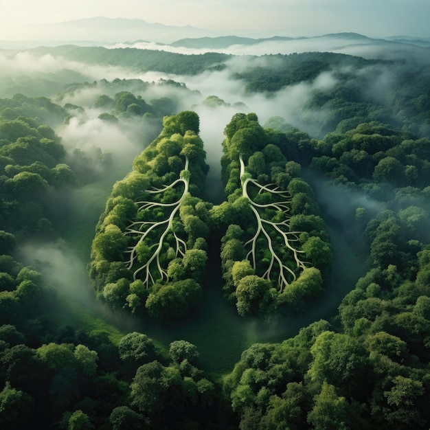 Foto vista aérea da floresta formando o símbolo dos pulmões