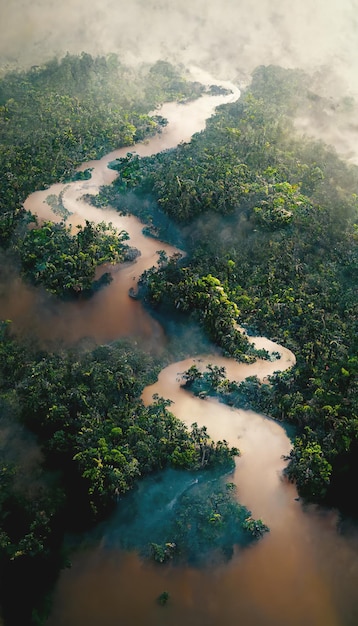 Vista aérea da floresta tropical e do rio Ilustração 3D da paisagem do conceito do clima e da natureza