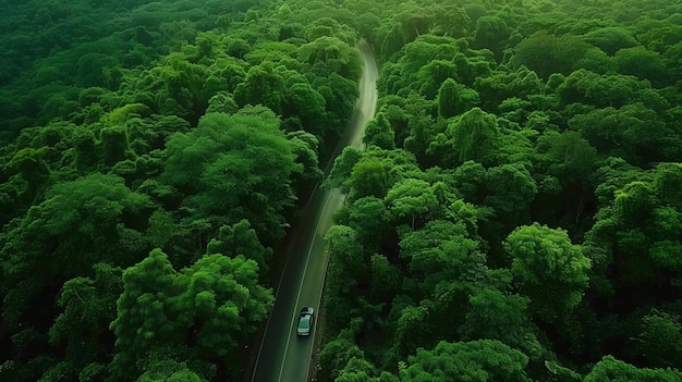 Vista aérea da floresta verde e da estrada de asfalto Vista superior da estrada da floresta atravessando a floresta com aventura de carro Ecologia do ecossistema Ambiente saudável Viagem de estrada