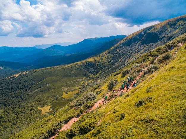 Vista aérea da grande paisagem de montanha arborizada de cume verde