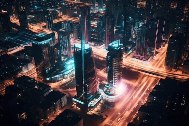 Vista aérea da metrópole Cyberpunk da cidade neon à noite