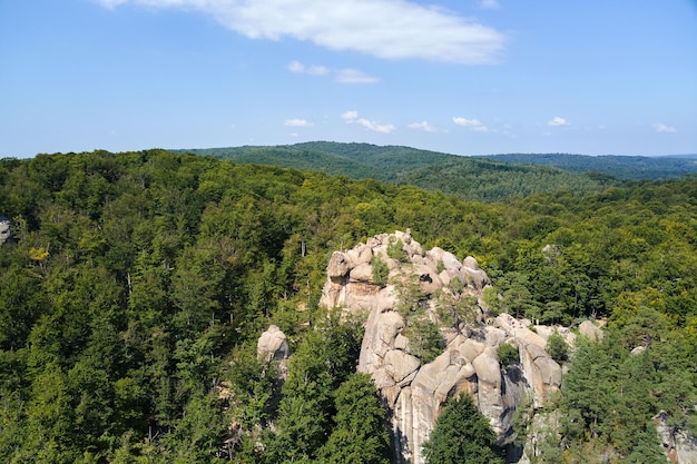 Vista aérea da paisagem brilhante com árvores verdes da floresta e grandes pedregulhos rochosos entre florestas densas no verão Belas paisagens de floresta selvagem