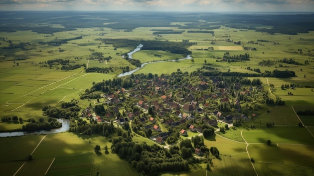 Vista aérea da paisagem da aldeia serena