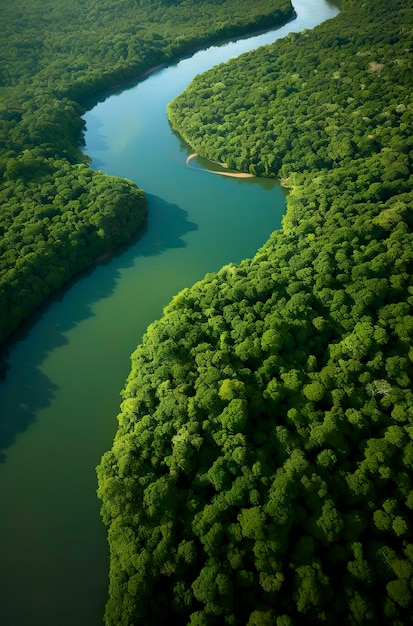 Foto vista aérea da paisagem da selva amazônica com curva do rio