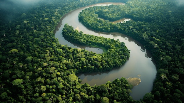 Vista aérea da paisagem da selva amazônica com rio Generative AI
