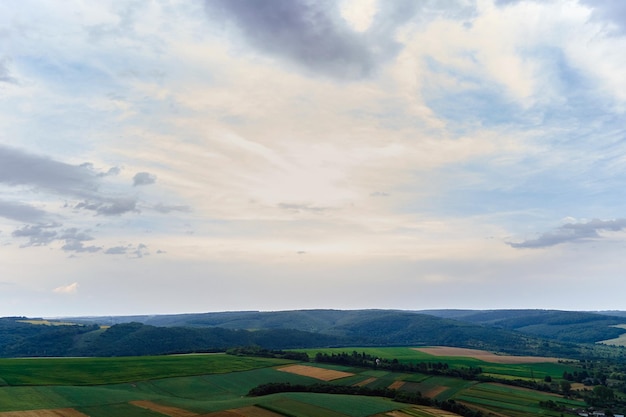 Vista aérea da paisagem de campos agrícolas cultivados verdes com cultivos em dia de verão brilhante.