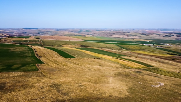 Vista aérea da paisagem de campos verdes e amarelos.