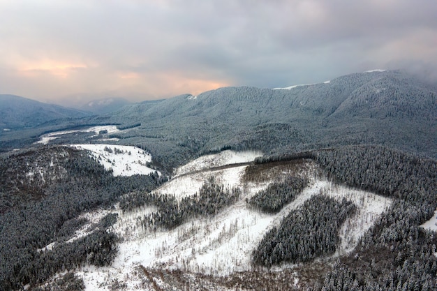 Vista aérea da paisagem de inverno estéril com colinas cobertas por uma floresta de pinheiros depois de uma forte nevasca na noite fria e tranquila.