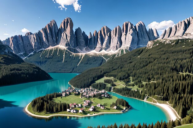 Vista aérea da paisagem montanhosa do Lago Antorno Dolomites Lake