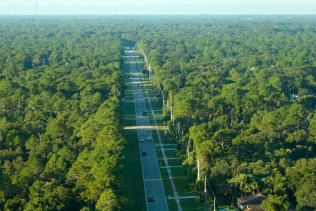 Vista aérea da pequena cidade americana na Flórida com casas particulares entre palmeiras verdes e ruas suburbanas em área residencial tranquila