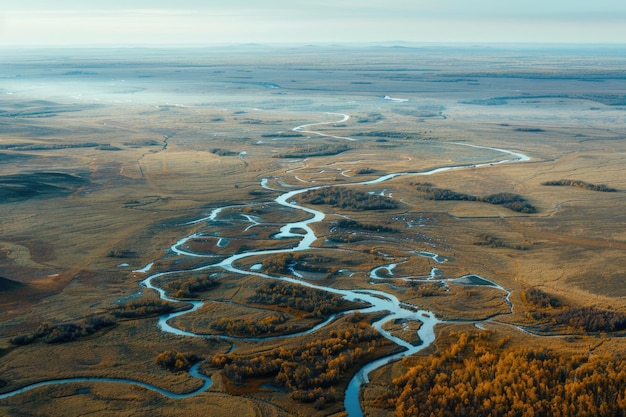 Foto vista aérea da planície siberiana com rios e lagos