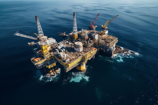 Vista aérea da plataforma da estação de construção de plataformas offshore de petróleo e gás no mar Indústria em busca de combustível e energia processo de extração de petróleo e gás natural no oceano sob o fundo do mar