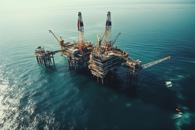 Vista aérea da plataforma da estação de construção de plataformas offshore de petróleo e gás no mar Indústria em busca de combustível e energia processo de extração de petróleo e gás natural no oceano sob o fundo do mar