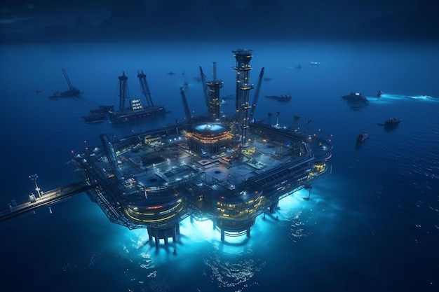 Vista aérea da plataforma da estação de construção de plataformas offshore de petróleo e gás no mar Indústria em busca de combustível e energia processo de extração de petróleo e gás natural no oceano sob o fundo do mar