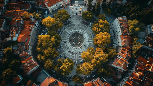 Vista aérea da Praça da Catedral em Split, na Croácia, cercada por árvores de outono