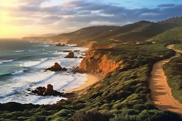 Vista aérea da praia ao pôr do sol Great Ocean Road Austrália