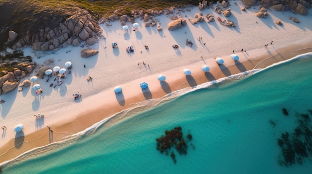 vista aérea da praia com água azul e areia branca com guarda-sóis