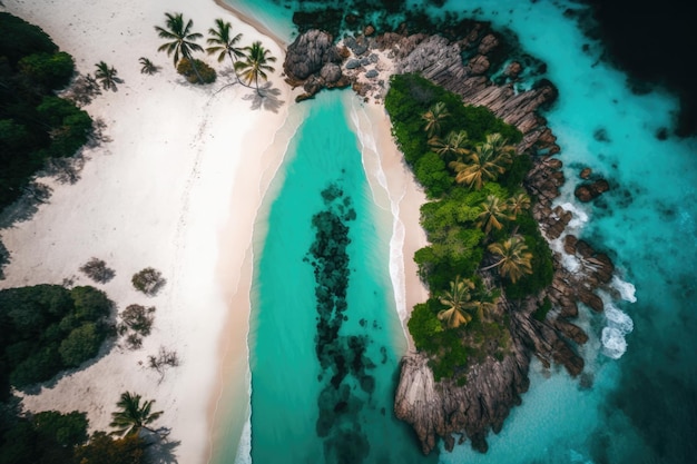 Vista aérea da praia com praia e floresta Litoral com areia e água Paisagem tropical AI generativa