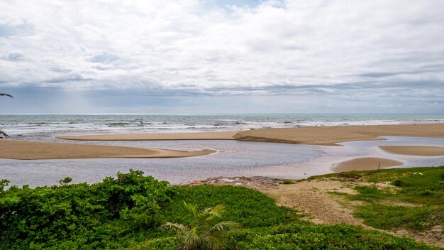 Vista aérea da praia de imbassaí, bahia, brasil. bela praia no nordeste com um rio