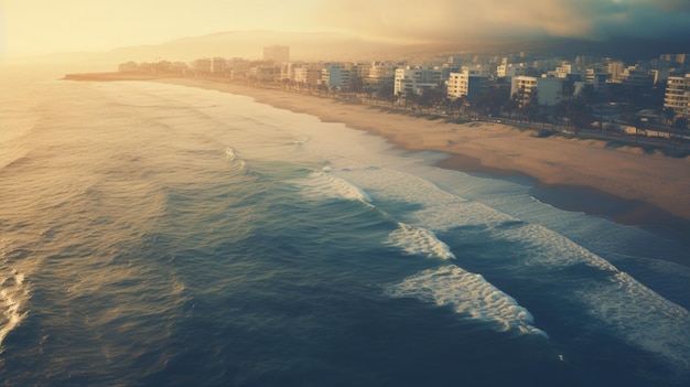 Foto vista aérea da praia e da cidade ao nascer do sol