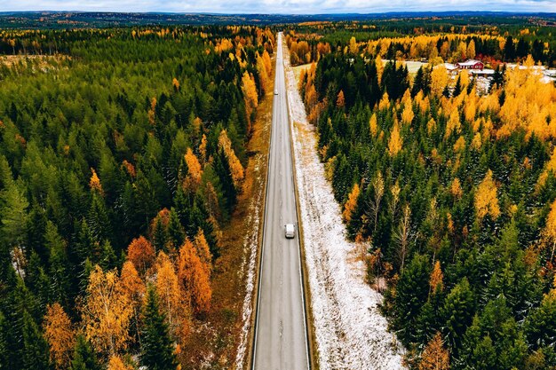 Vista aérea da primeira floresta de cores do outono de neve e uma estrada com carro na Finlândia Lapônia