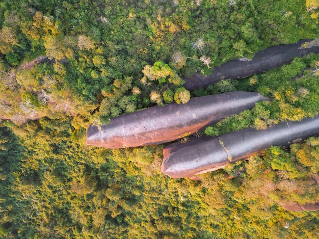 Vista aérea da rocha de três baleias no parque Phu Sing Country em Bungkarn.