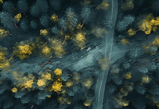 Vista aérea da trilha pelas copas das árvores de uma estrada sinuosa em meio a árvores altas