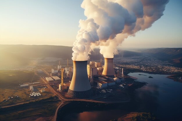 Vista aérea da usina nuclear Vapor subindo de grandes tubulações de plantas industriais Impacto da indústria pesada no meio ambiente