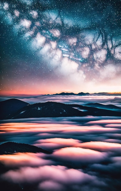 Vista aérea da Via Láctea sobre as montanhas no nevoeiro à noite IA geradora