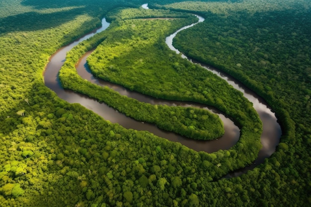 Vista aérea das amazonas com rio sinuoso e densa floresta tropical