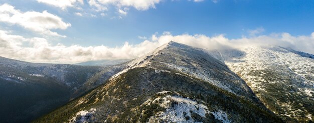 Vista aérea das majestosas montanhas cobertas com floresta de abetos verdes e altos picos nevados.