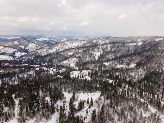 Vista aérea das montanhas nevadas dos Cárpatos ucranianos copiar o espaço