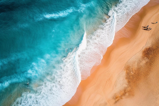 Vista aérea das ondas quebrando na costa de uma praia paradisíaca