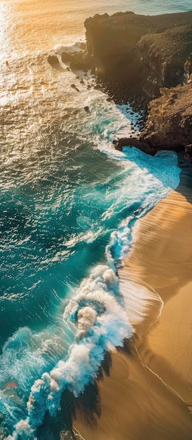 Foto vista aérea das rochas e ondas da praia em lanzarote com a luz do sol